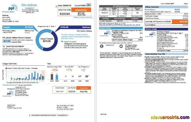 USA Pennsylvania PPL electric utility bill, 3 pages